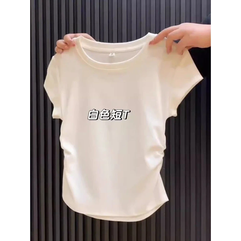 褶皱正肩短袖t恤女夏季新款美式上衣百搭辣妹别致收腰显瘦潮