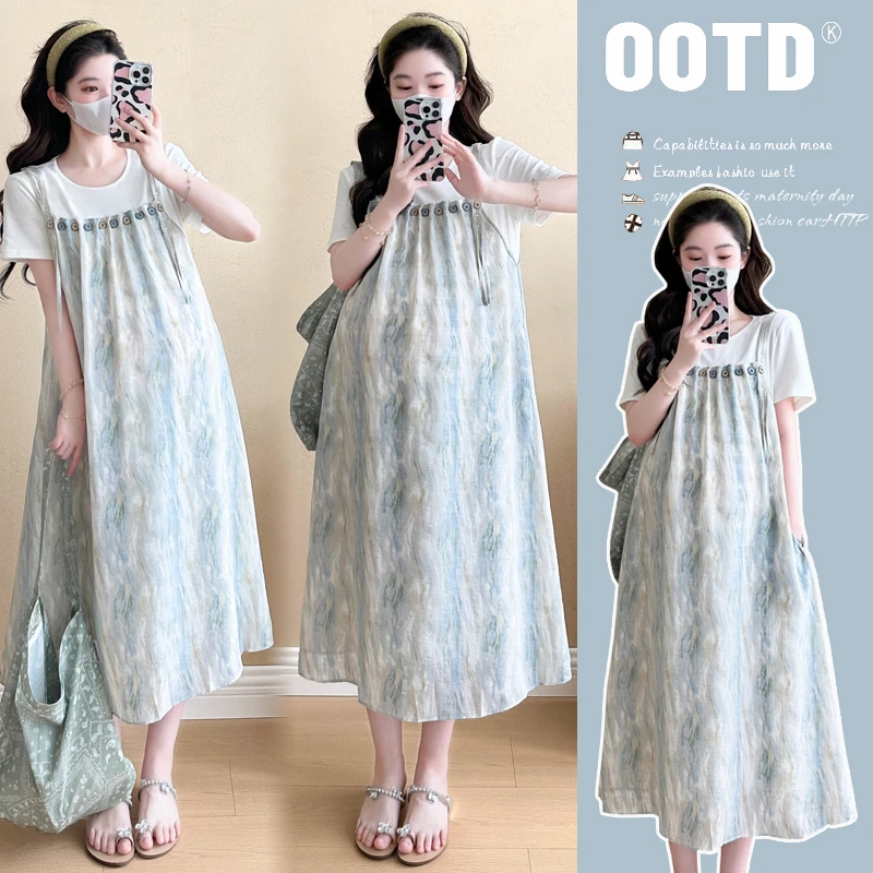 孕妇装夏装韩版时尚薄荷曼波扎染拼接假两件连衣裙2025年夏季裙子