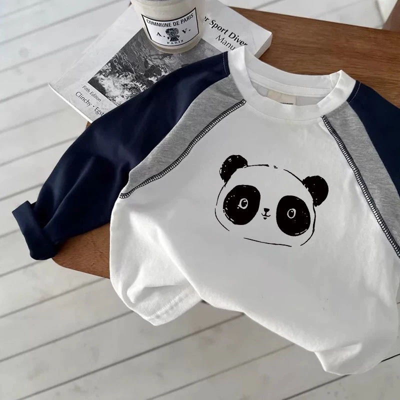 春秋新款儿童长袖t恤打底衫男童洋气中小童复古熊猫外穿上衣女潮