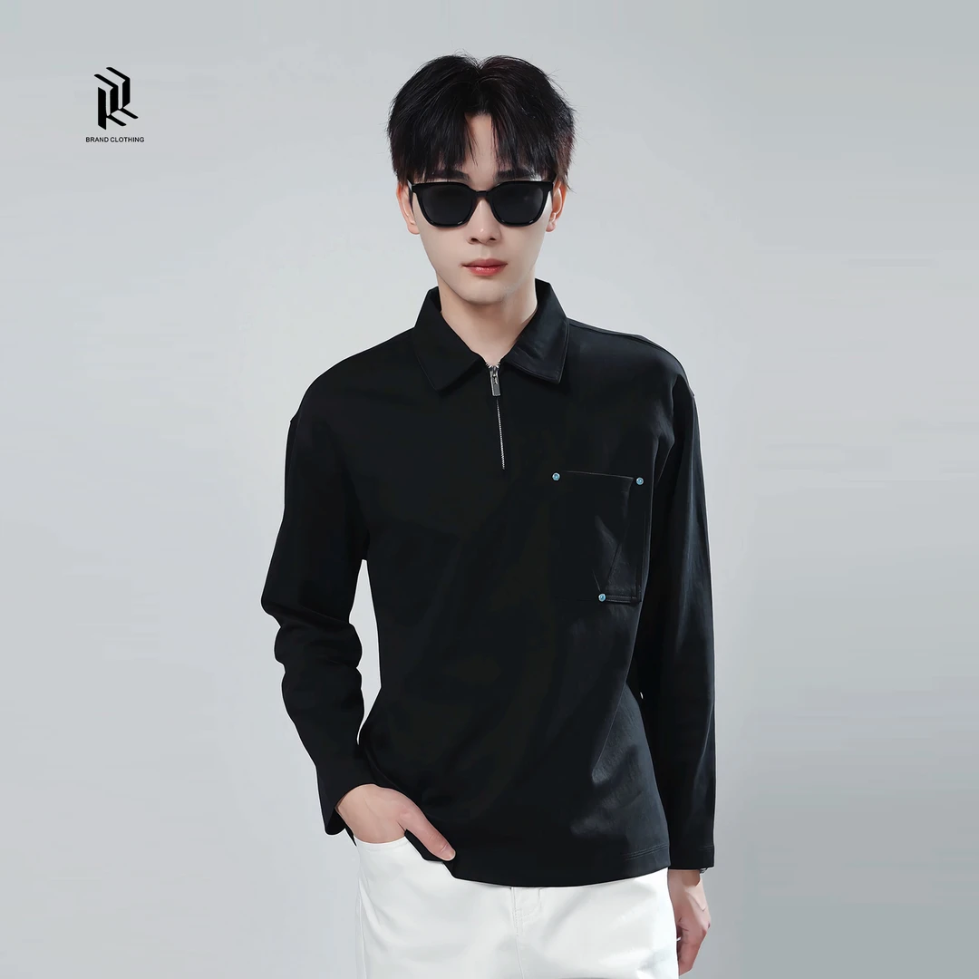 【RHETT KELLEY】春季新款时尚绿松石点缀长袖翻领拉链男士POLO衫