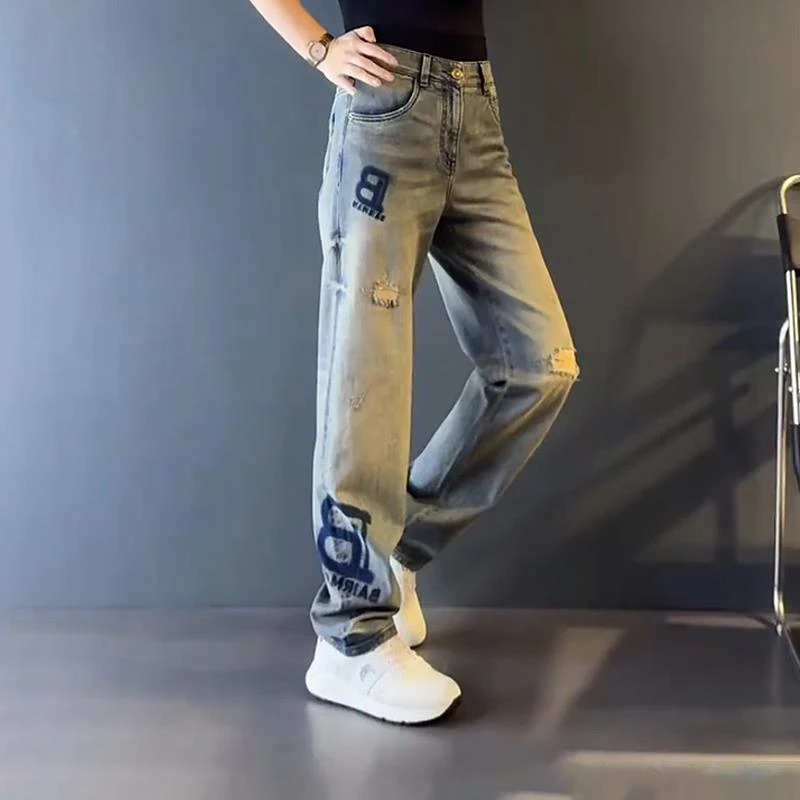 轻奢男装大码潮男士设计感字母宽松潮时尚春秋牛仔裤直筒休闲长裤
