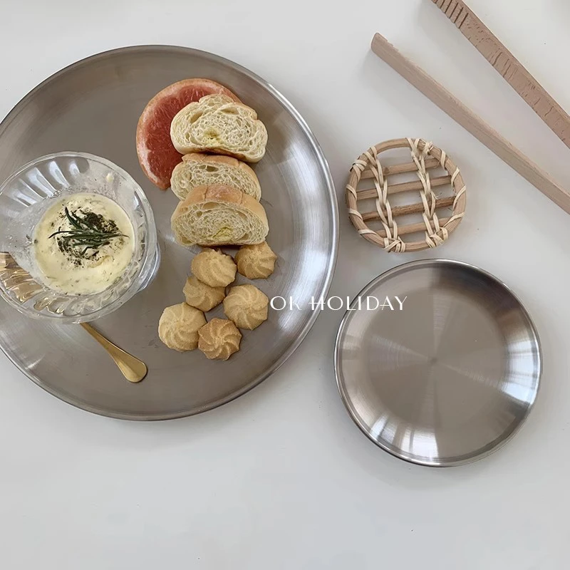 韩式纯不锈钢烤盘烤肉食堂分餐盘家用吐骨盘蛋糕零食摆盘