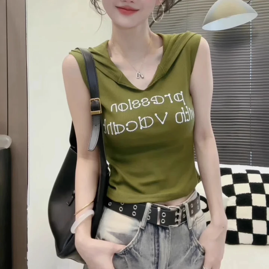 甜辣妹设计感V领连帽背心吊带女2025年夏季新款字母印花洋气上衣