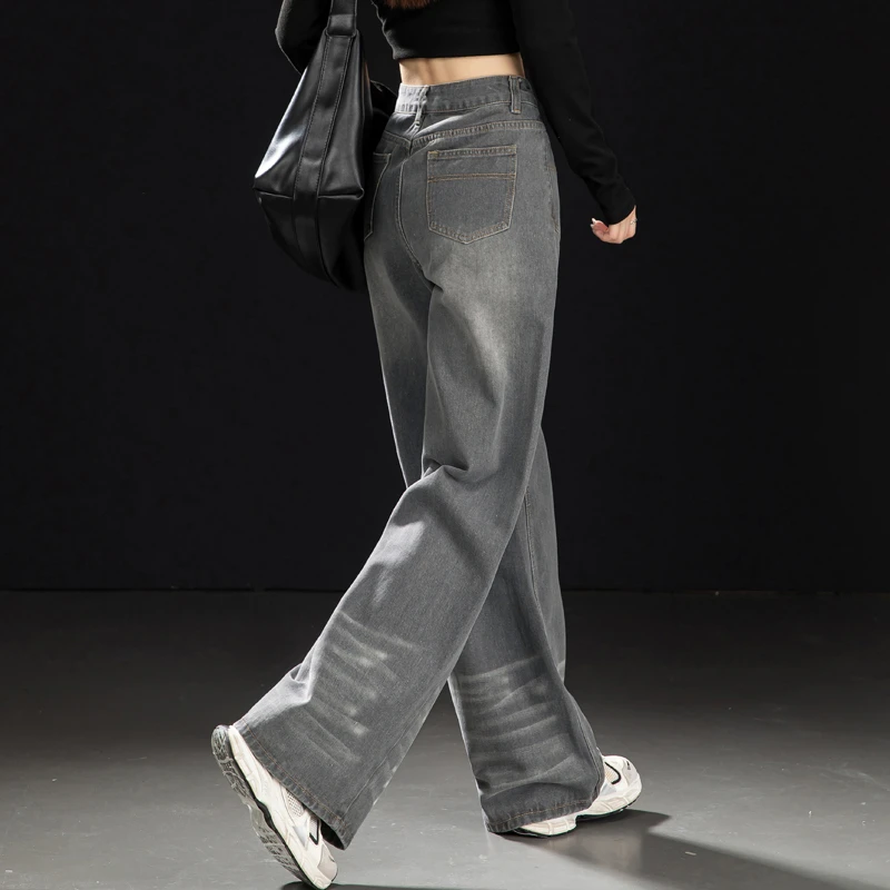 莫兰迪灰色宽松阔腿裤女2025新款秋季猫爪纹水洗工装牛仔裤女直筒