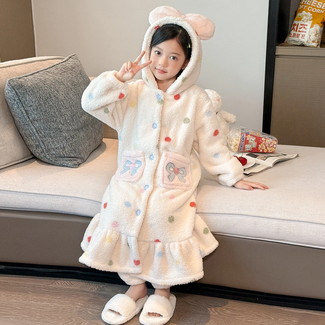 女童冬季睡衣儿童法兰绒睡袍套装中大童保暖加绒加厚家居服2372