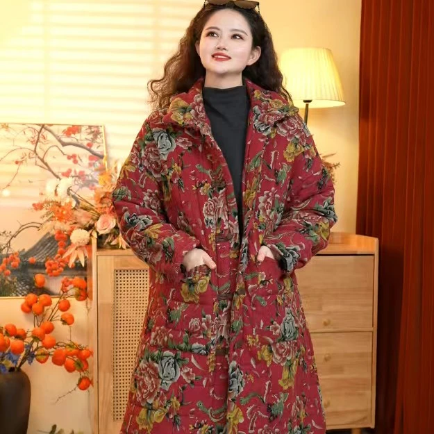 【写生与麻】2025新款棉麻炒色中式高领保暖加厚立领中长款棉服外套