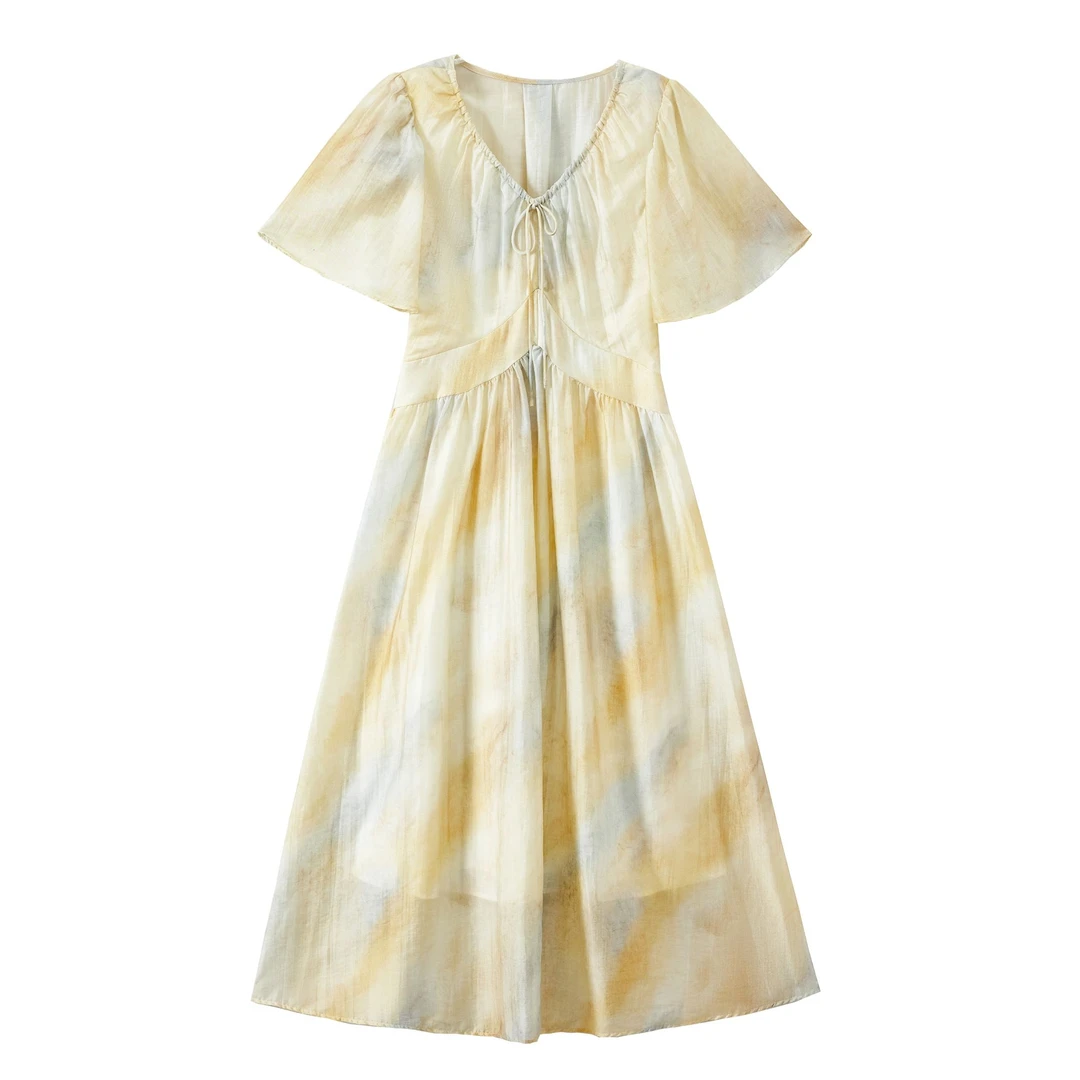 【云云专属】V领晕染层次感显瘦仙气显温柔设计感连衣裙58136