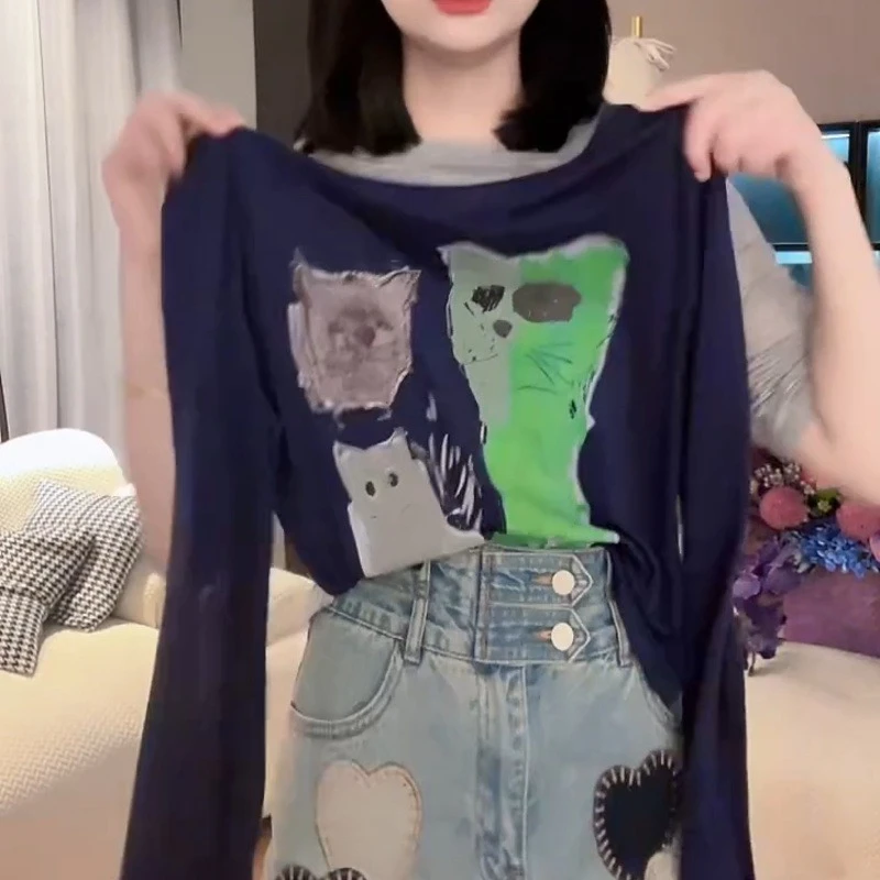 春夏艺术猫咪手绘减龄时髦小众设计显瘦长袖T恤LK2502488