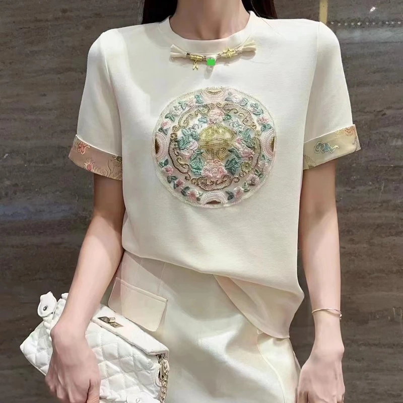 国潮风女士夏季短袖修身刺绣T恤