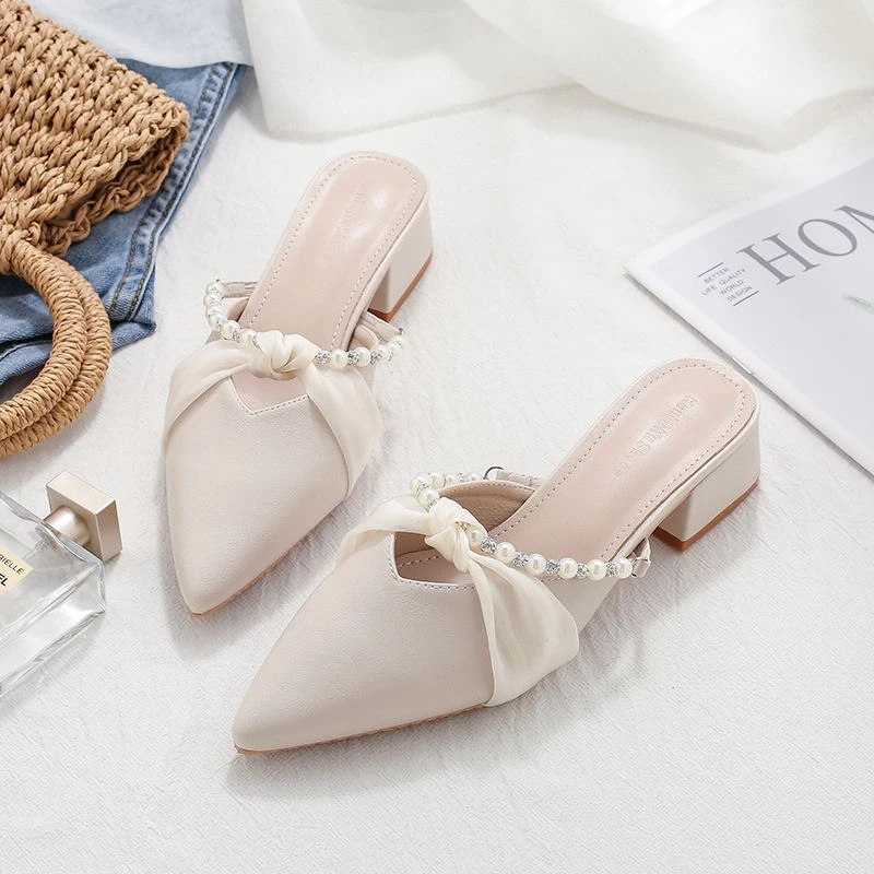 法式粗跟包头半托鞋女2025年夏季新款小香风尖头温柔半拖鞋g