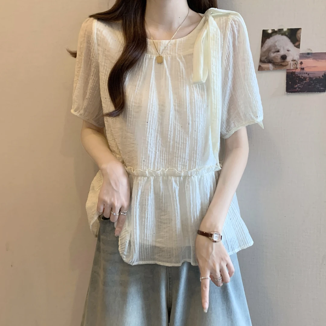 法式蝴蝶结系带雪纺短袖衬衫女夏季大码胖mm超好看漂亮娃娃衫上衣