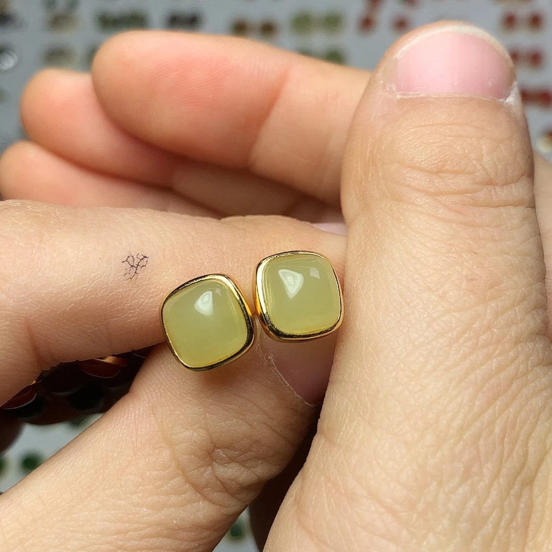 银S925镀金镶嵌和田玉（黄玉）耳饰雪**羽