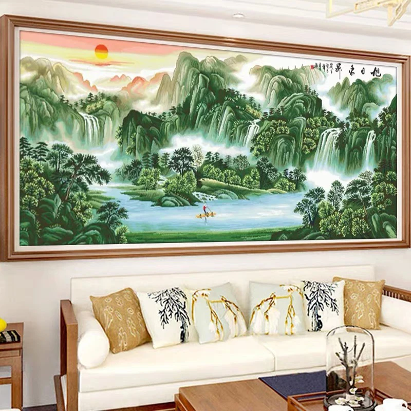 纯手工十字绣成品旭日东升流水生财客厅风景山水195×88厘米