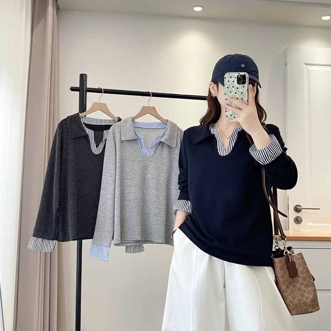 大码胖mm设计感洋气假两件POLO领T恤女秋季新款减龄显瘦上衣2266