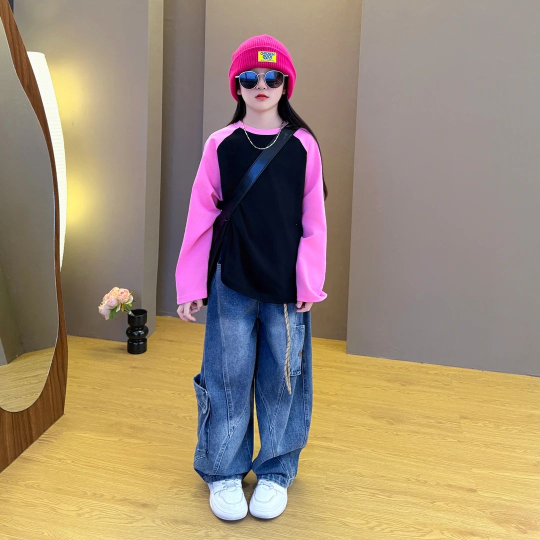 女童2025新款中大童韩版宽松拼接休闲卫衣牛仔阔腿工装裤套装潮酷
