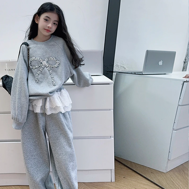 女童运动套装春秋2025新款洋气时髦中大童女孩灰色卫衣卫裤两件套