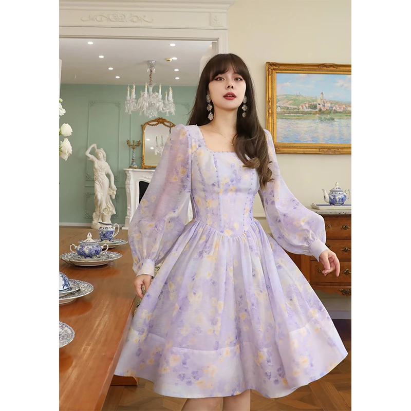 MR WATER水滴君《温莎罗兰》春季新品复古碎花收腰钉珠连衣裙女