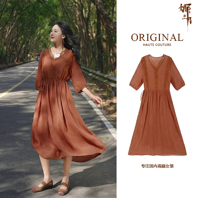 娜三月【100%高支苎麻】复古高级植物染色蕾丝亲肤春夏款连衣裙L112