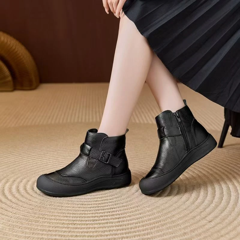 头层牛皮妈妈鞋短靴冬季软底真皮休闲舒适秋冬保暖复古港风复古
