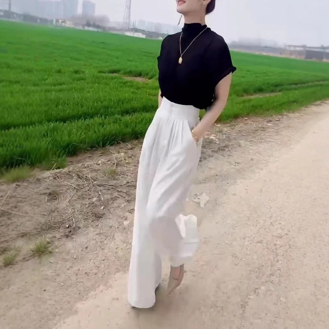 【大爱美依缘】新款时尚设计感短袖纯色上衣高腰阔腿裤女款两件套