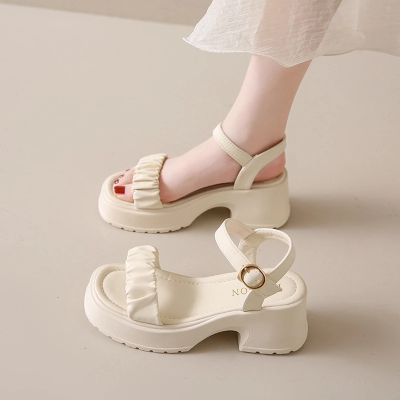 一字带方根粗跟凉鞋女夏季新款仙女风松糕厚底时装高跟鞋潮