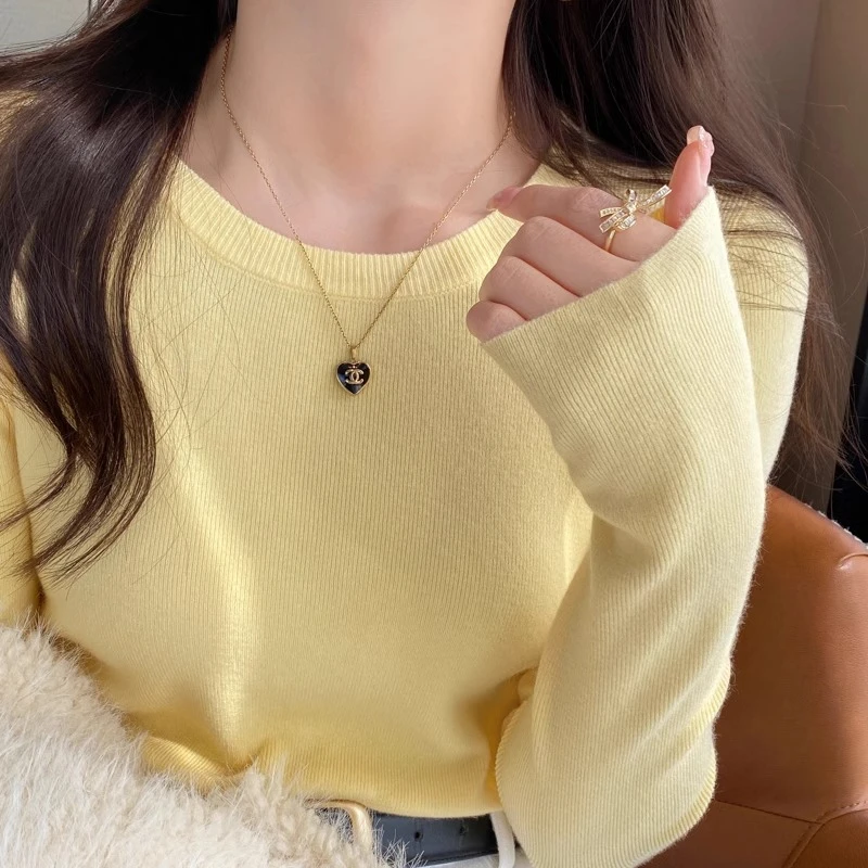 黄色低圆领针织打底衫女内搭秋冬新款高级感毛衣修身加绒加厚上衣
