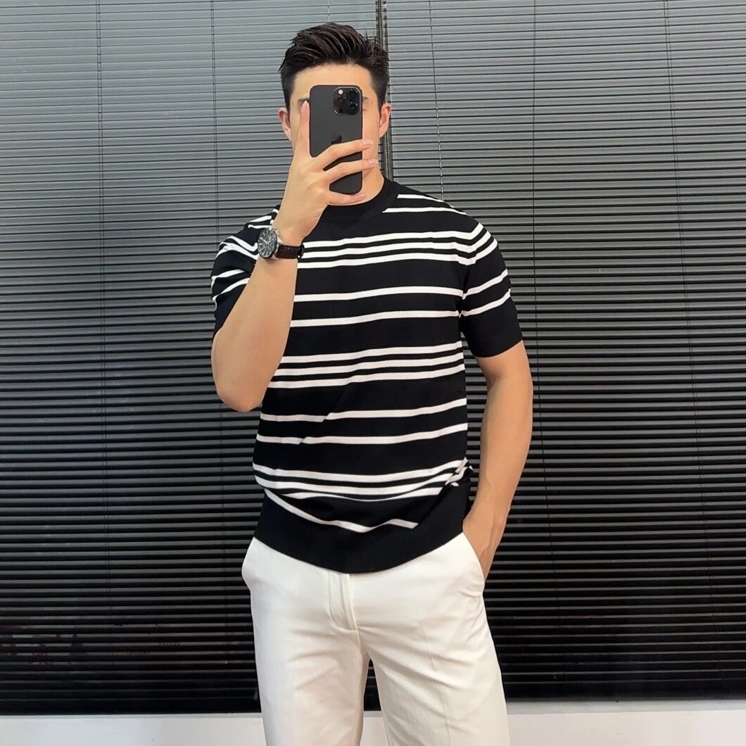 夏季新款冰丝透气 男士条纹圆领商务针织休闲百搭打底针织短袖T恤