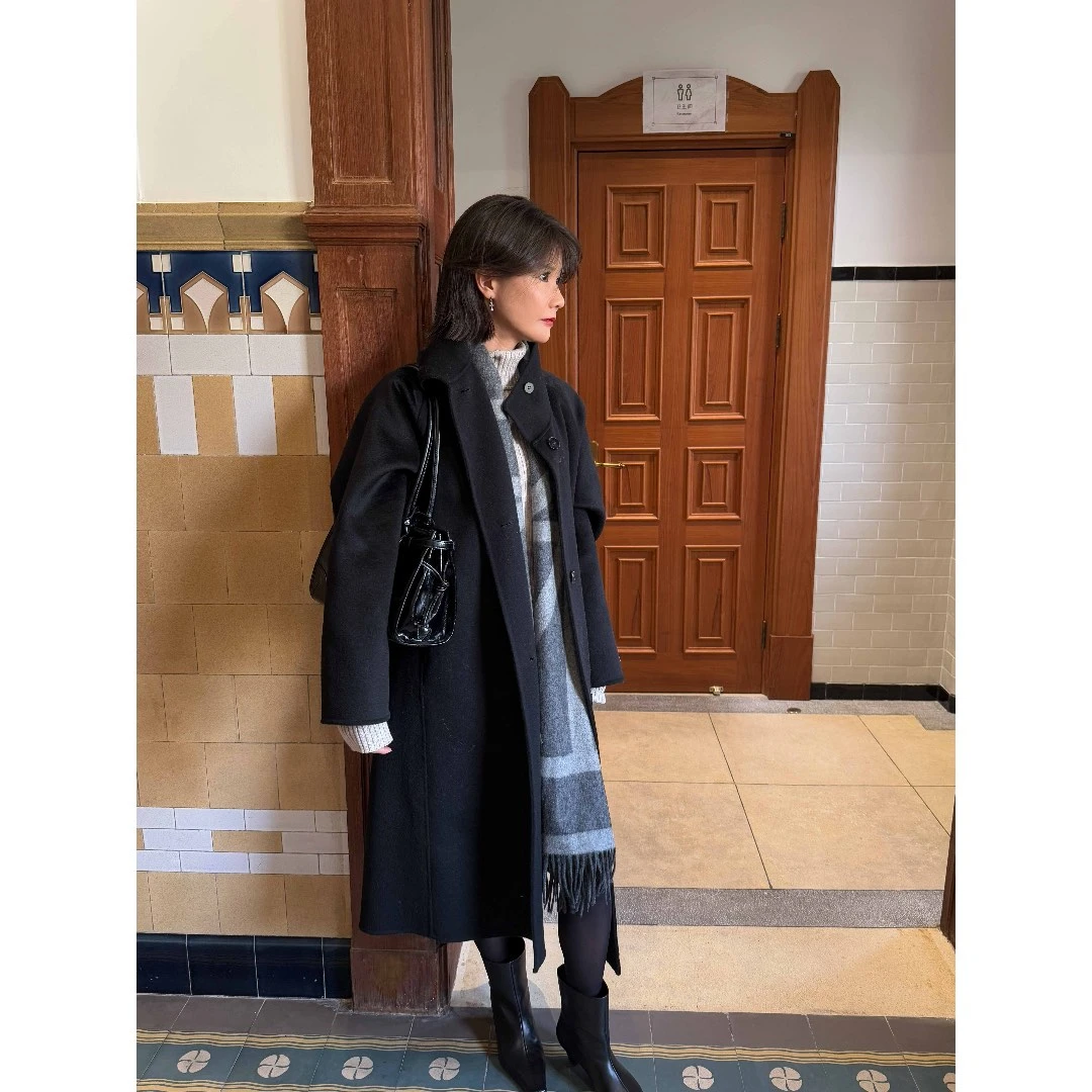 全羊毛立领大衣宽松廓形长款外套保暖穿搭