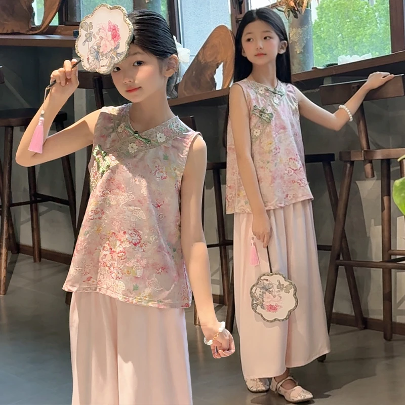 女童夏装套装2025新款新中式国风衣服女大童夏季儿童阔腿裤两件套