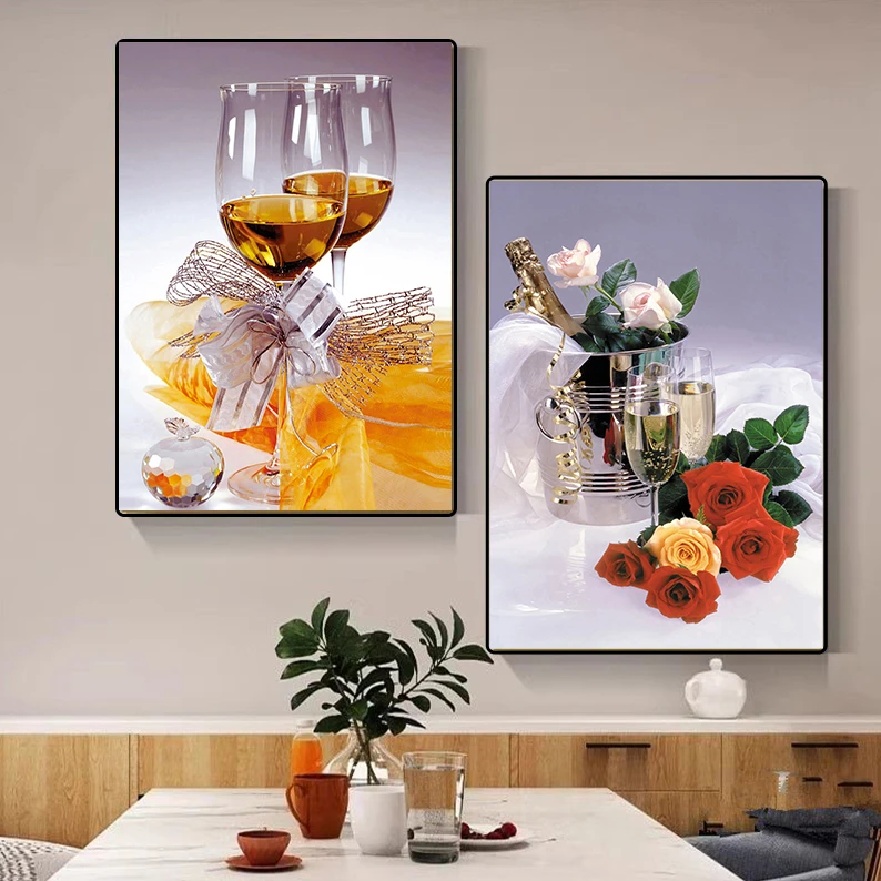 L017现代轻奢简约餐厅装饰画双联挂画餐桌背景墙轻奢创意酒杯壁画