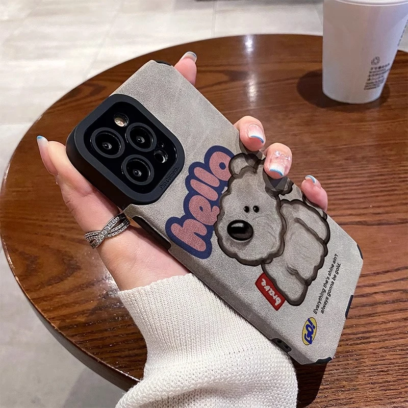 适用苹果iPhone16新款15防摔13手机壳12翻毛皮14硅胶油画歪头狗狗