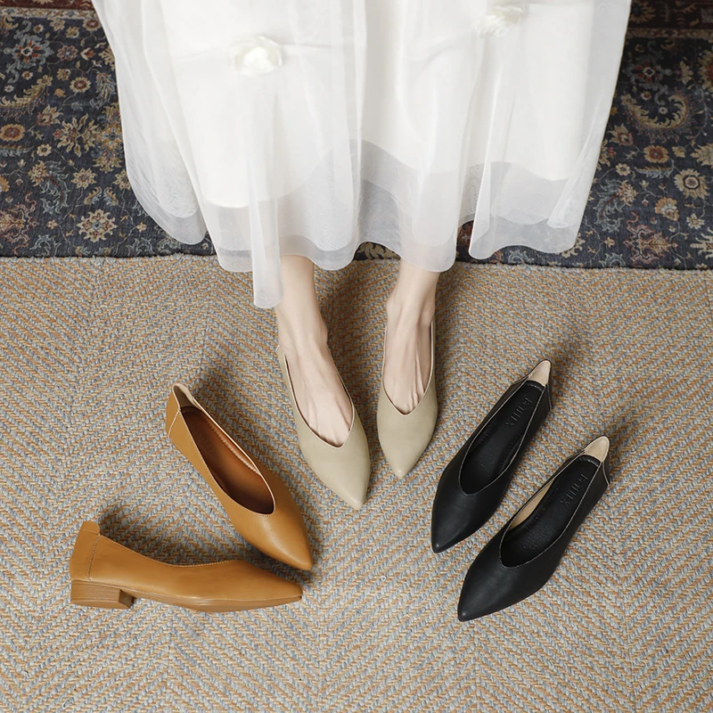 真皮尖头百搭多色低跟女鞋2025气质舒适时尚春季温柔软底507
