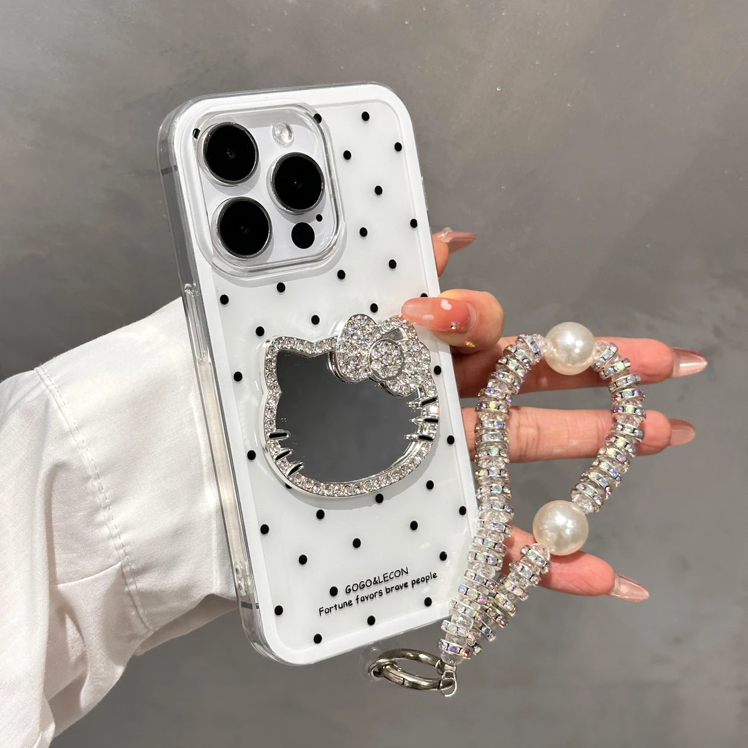 Lucky立体闪钻凯蒂镜子适用iPhone16大孔手机壳华为vivo小米oppo