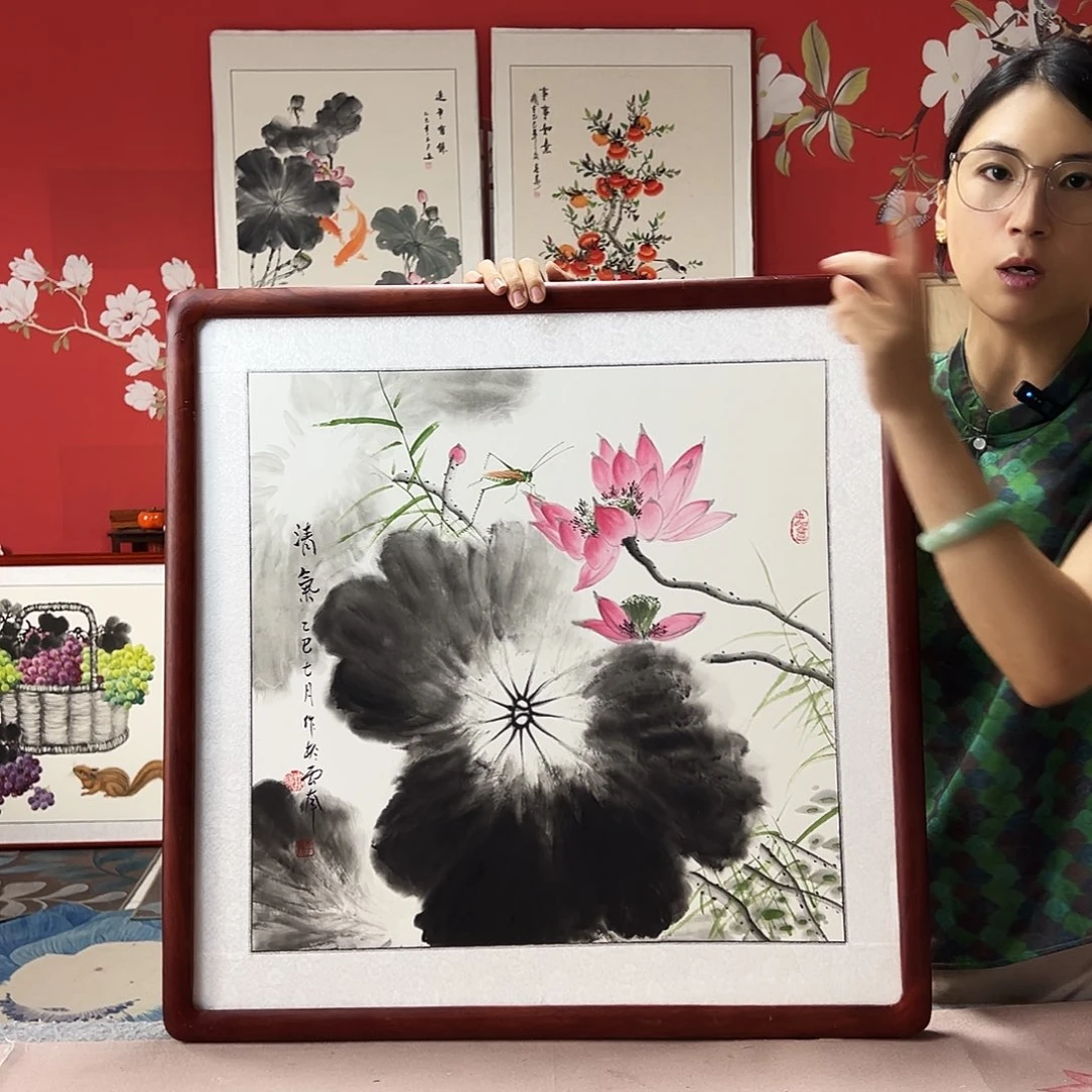 国画手写手绘国画作品带框包邮62✖️62