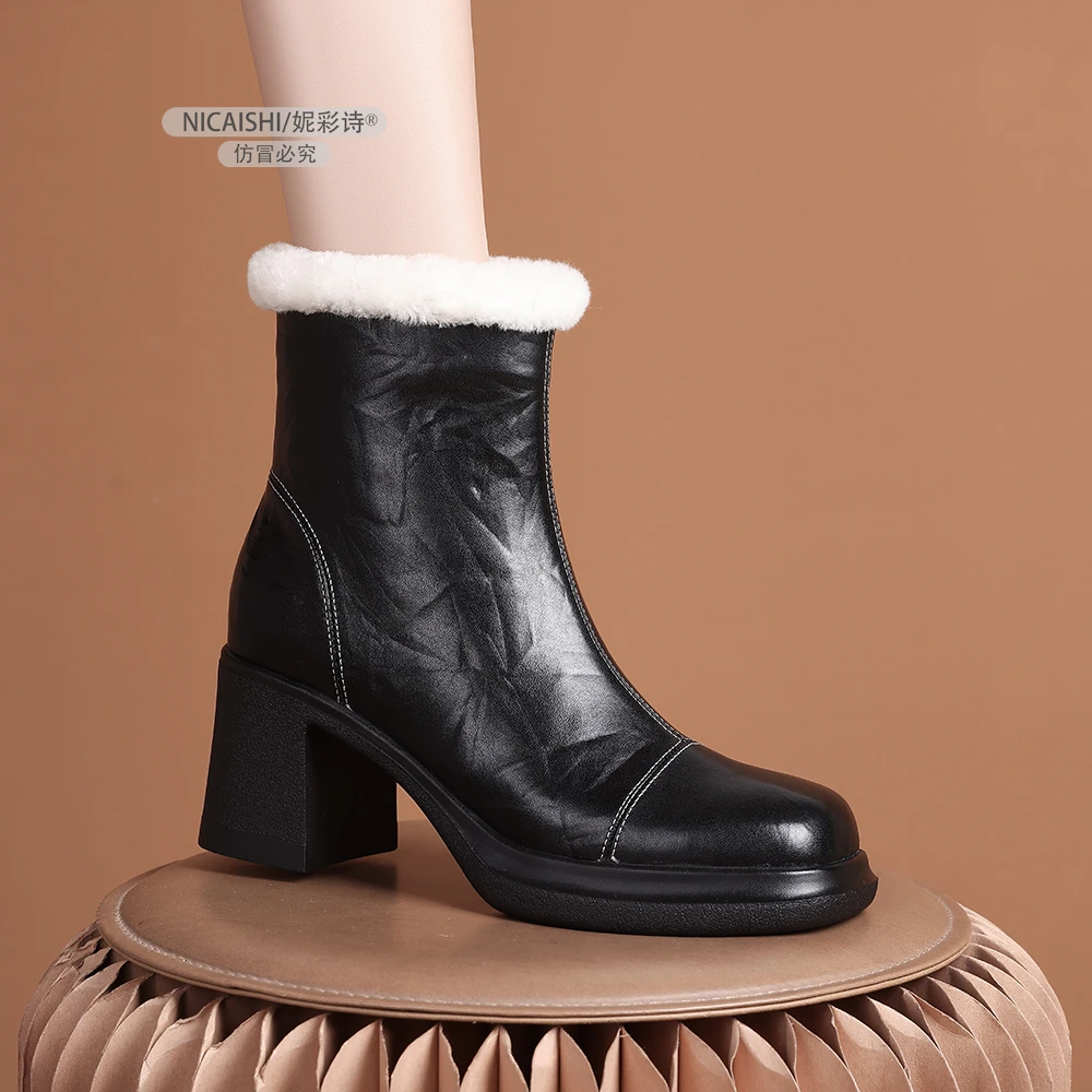 2025年新款欧美高级感时尚短靴女粗跟舒适时潮流气质黑色3423