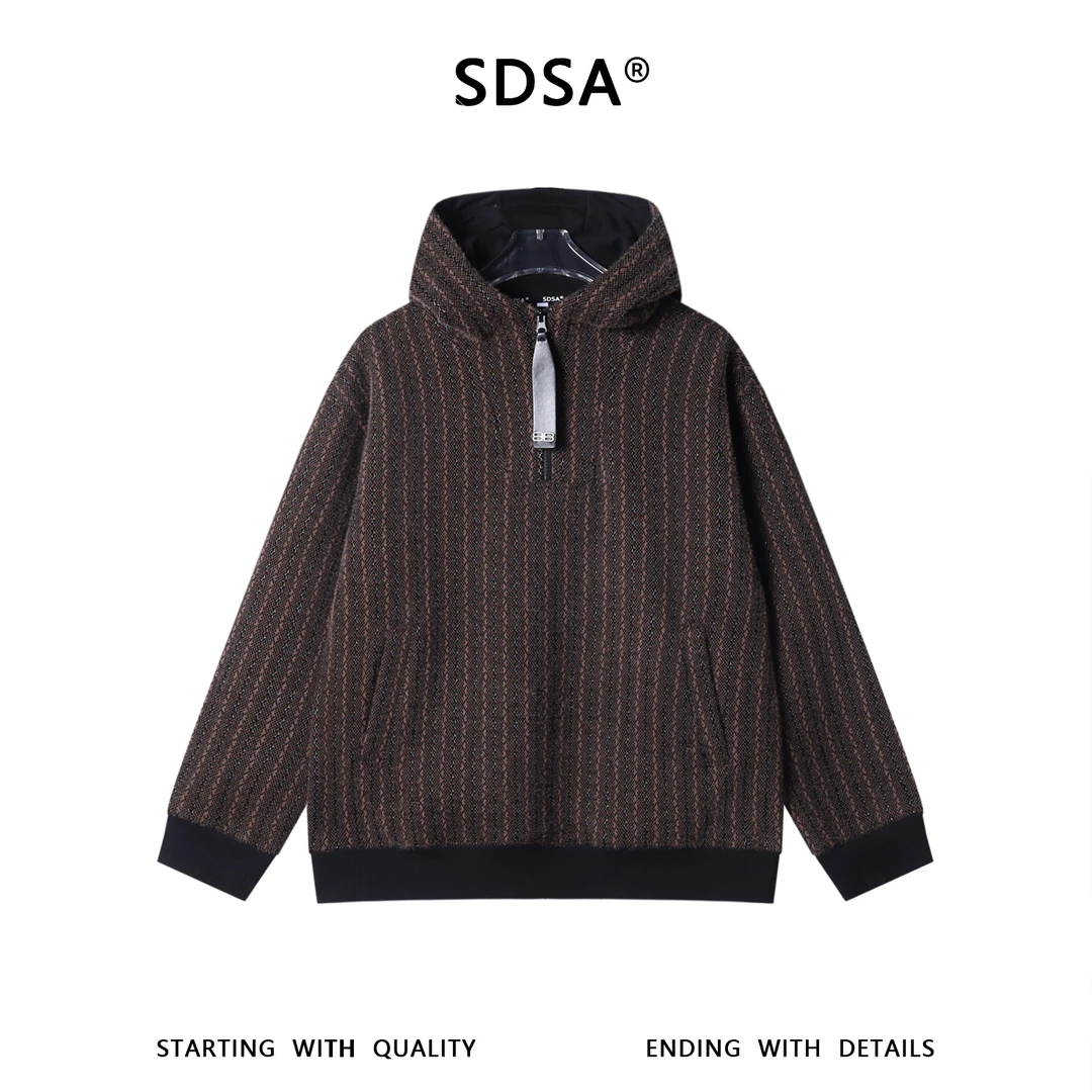 SDSA男士秋冬新款痞帅男装休闲绒毛竖纹刺绣半拉链连帽卫衣百搭