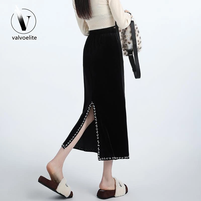 VALVOELITE2025年新款春季半身裙女中长款直筒开叉钉珠字包臀裙子