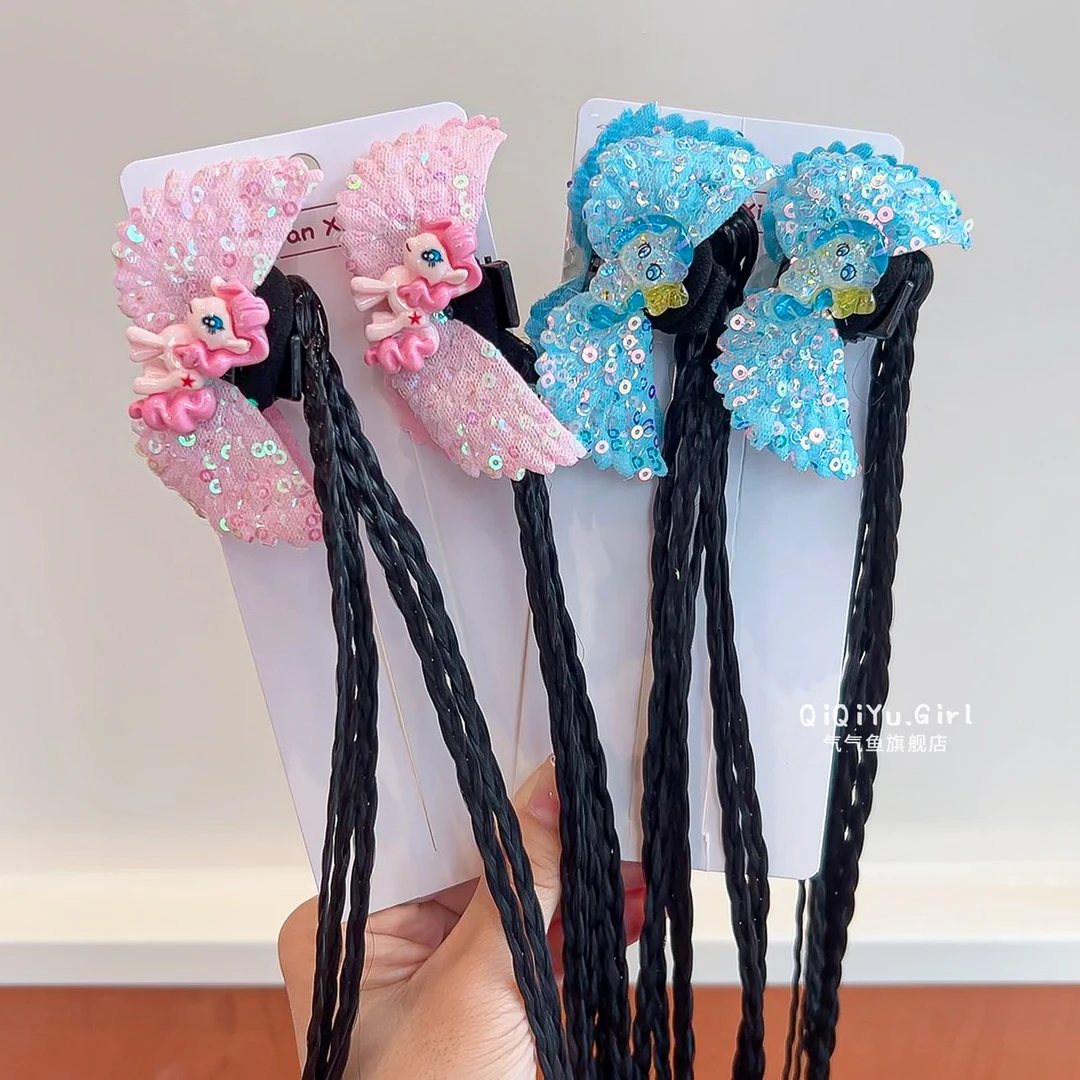 儿童卡通小马假发辫子发夹女童后脑勺甜美编发抓夹公主双马尾头饰