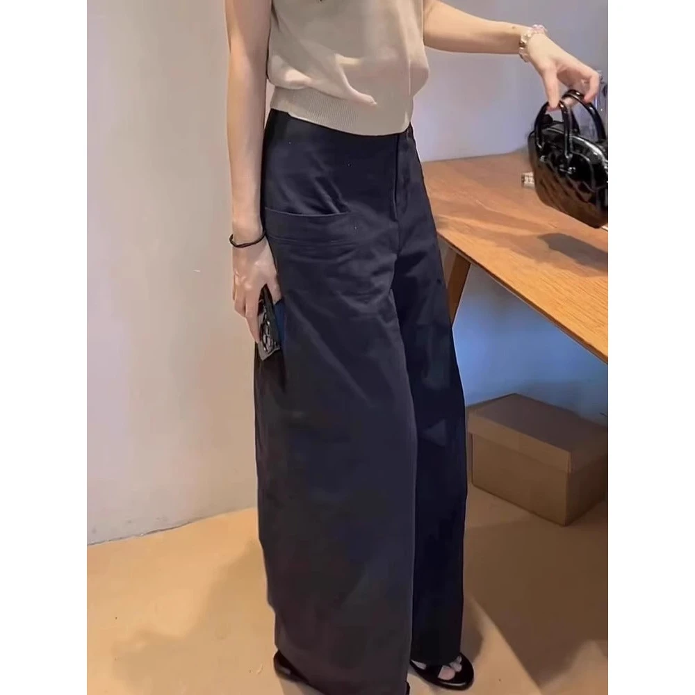 巨显大长腿！藏蓝色高级质感阔腿裤女2025夏季复古挺阔百搭直筒裤