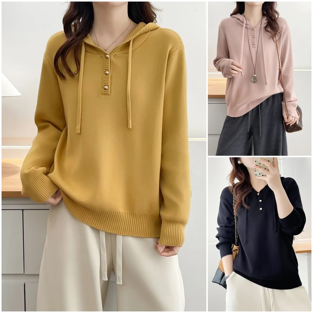 斐卉微胖mm连帽纯色连帽针织衫女士秋冬大码时尚百搭毛衣宽松遮肚