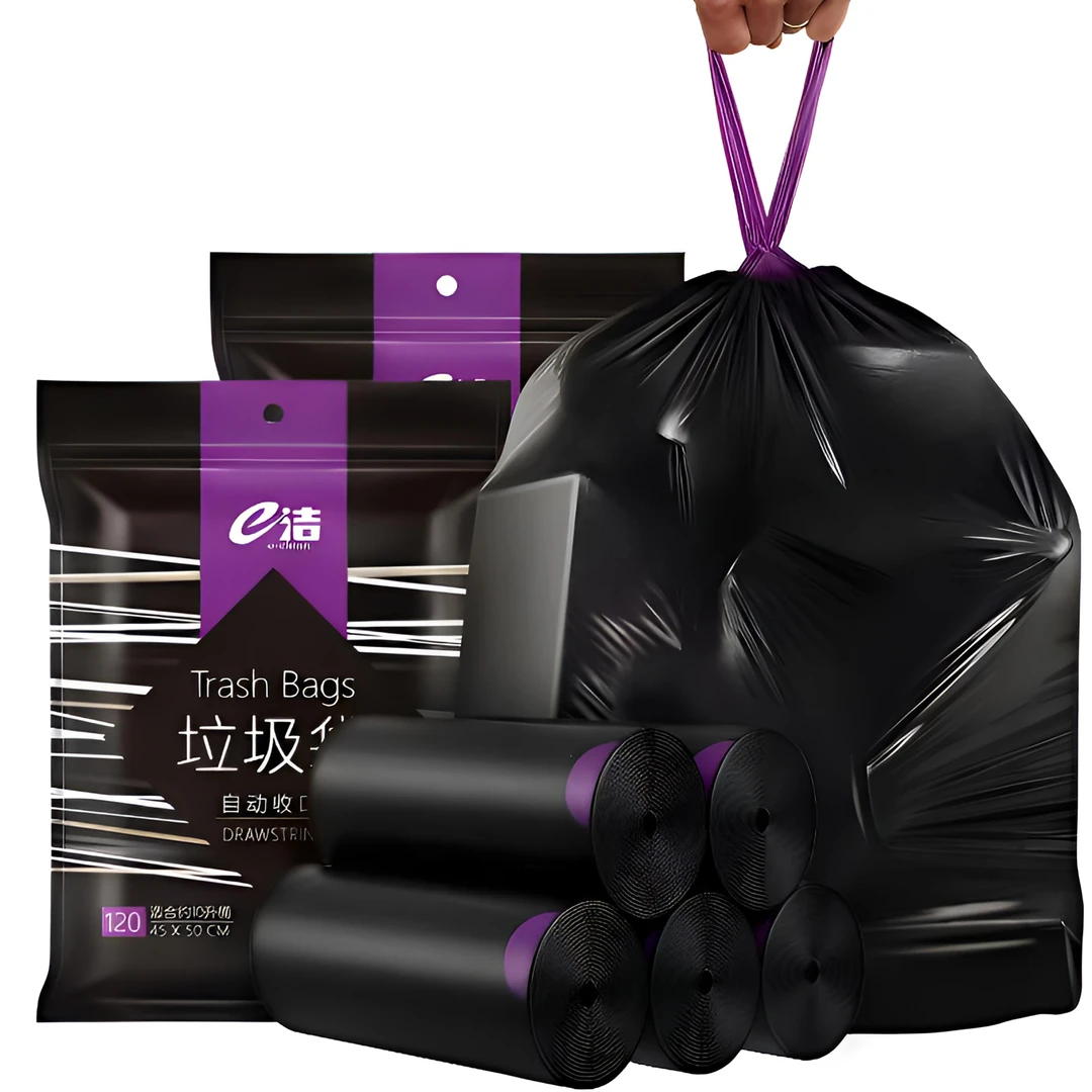 e洁垃圾袋手提式加厚加大号家用厨房黑色一次性免撕抽绳塑料袋子