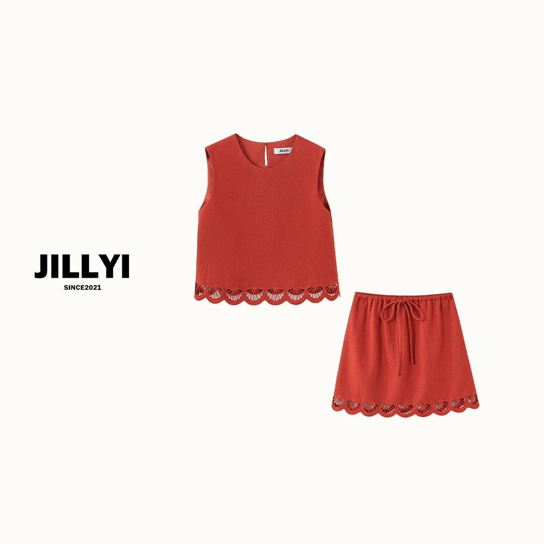 jillyi【石榴少女】粉色圆领T恤+红色半身裙时尚套装韩版时尚