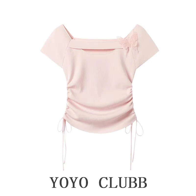 【清货】微胖MM镂空立体蝴蝶方领短袖针织衫女甜美抽绳收腰上衣