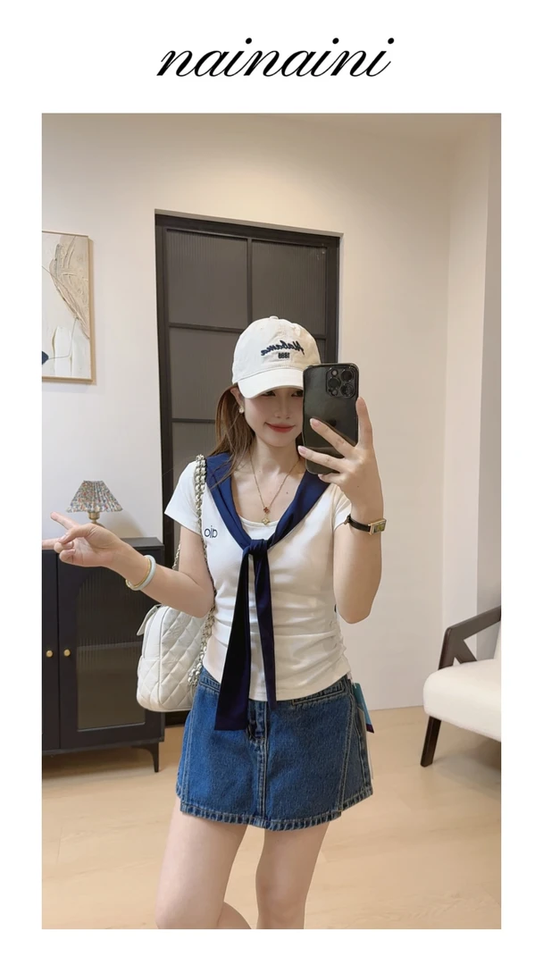 奈奈妮【三分甜】海军风T恤短袖女2025夏季新款显瘦百搭3370