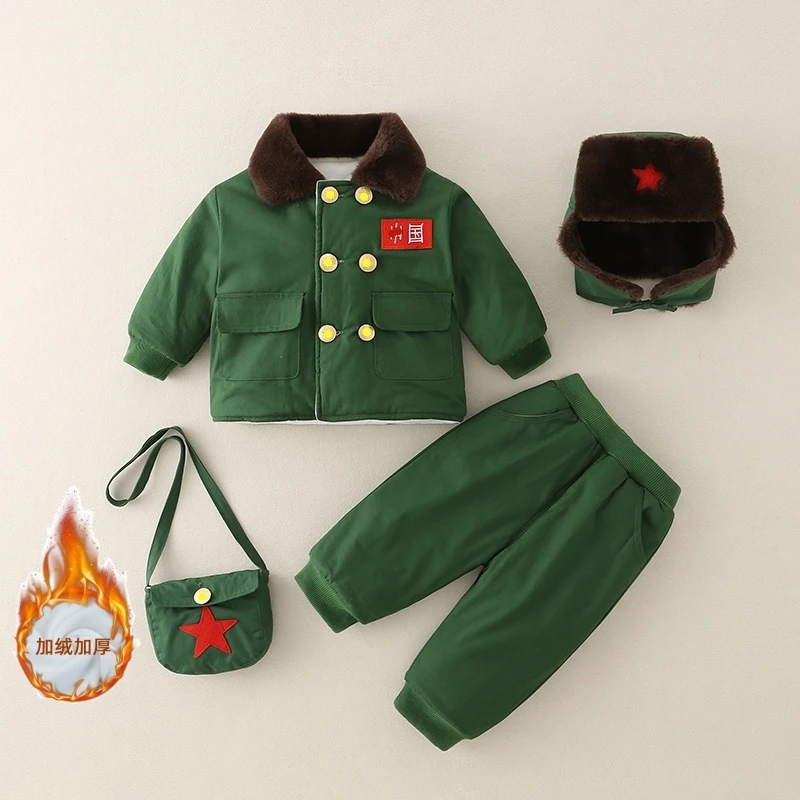 婴幼儿套装冬季加厚保暖军装周岁小红军棉衣冬装外出军大衣两件套