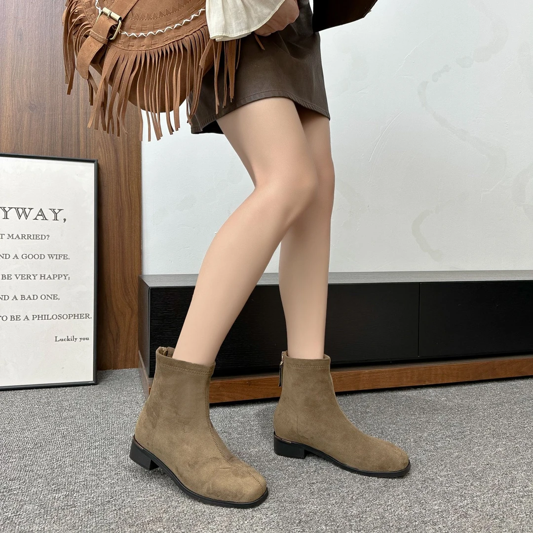 杜米亚高级感复古洋气粗跟瘦瘦法式绒面小短靴D930917-1A