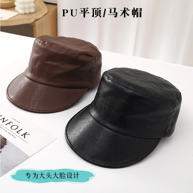 休闲风韩国帽子女时尚秋冬pu皮质平顶帽复古鸭舌帽小众骑士帽冬季