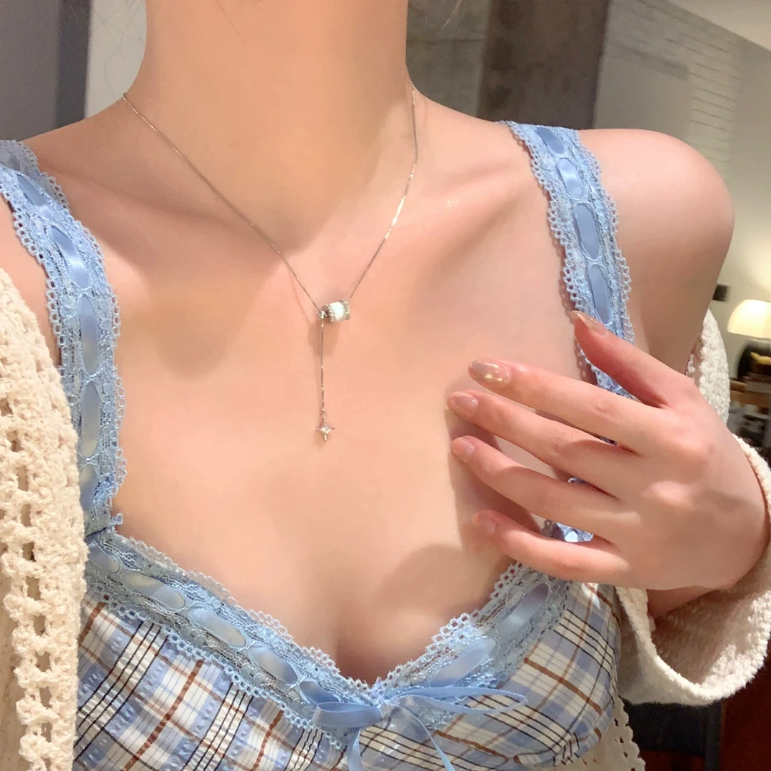 芒果饰品 铜合金项链 韩系可抽拉珠光小蛮腰流苏项链女气质锁骨链