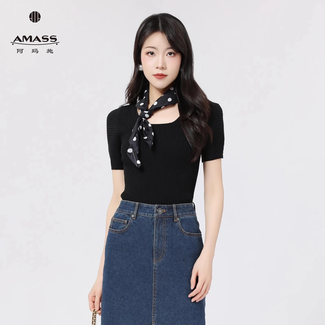 AMASS/阿玛施夏季凉感气质修身U领泡泡袖冰丝针织短袖T恤5399584