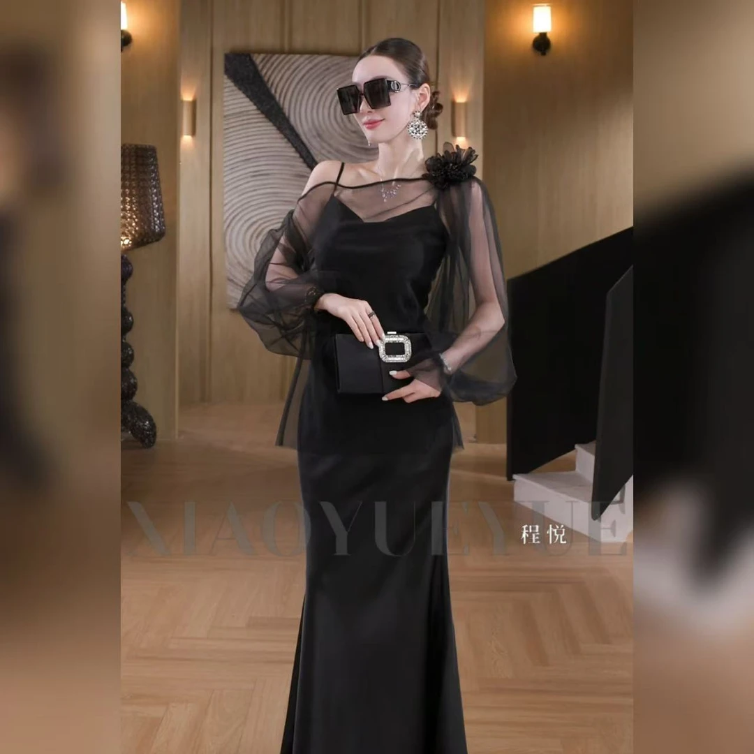 YYUE&RUBY【“蛇蝎”美人】法式赫本设计感网纱罩衫黑色连衣裙A-02190